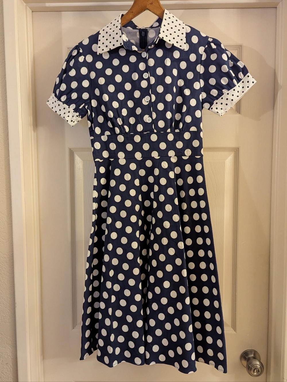 Brand New Navy Blue Polka Dot Fit-&-Flare Dress with Contrast Collar Size Small